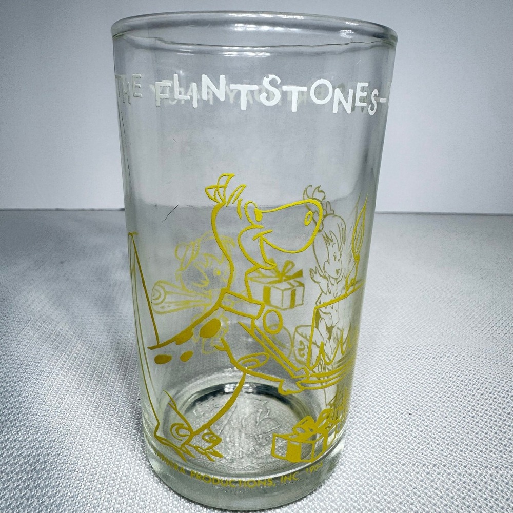 Vintage Flintstones Pebbles Birthday Drinking Glass 1964 Hanna Barbera Yellow